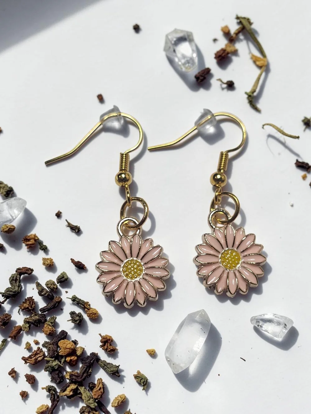 Gold Pink Daisy Drop Earrings - Unbranded